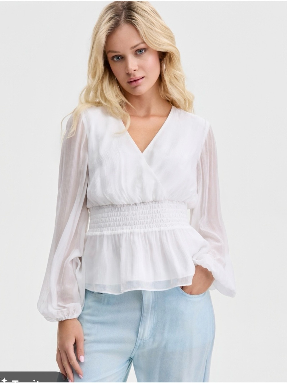 GUESS White Chiffon V-Neck Smocked Waist Peplum Top